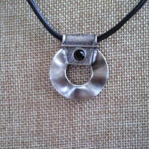 Silver tone Circle Pendent on Black cord-New